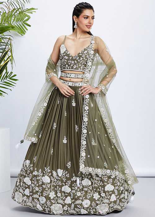 Olive Green Georgette Lehenga Choli with Sequins & Thread Embroidery work