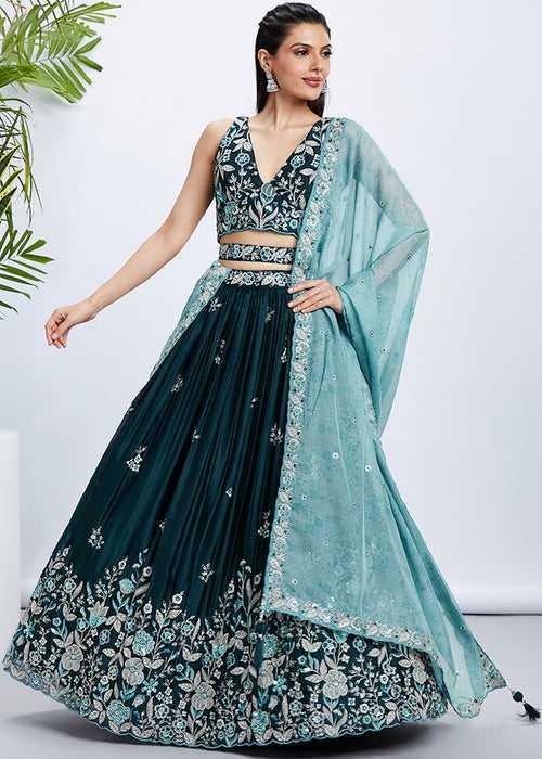 Dark Teal Green Georgette Lehenga Choli with Sequins & Thread Embroidery work