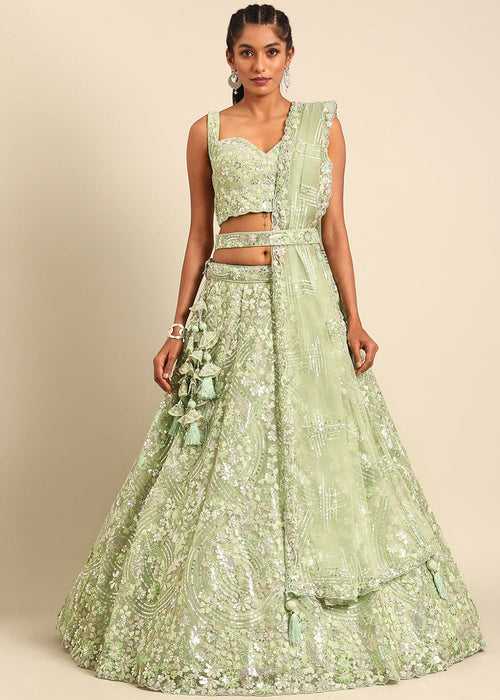 Light Green Net Lehenga Choli with Sequins & Zarkan Embroidery work