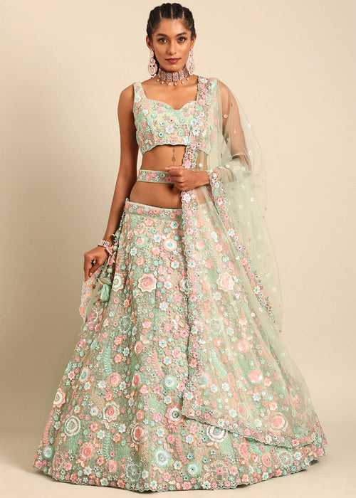 Lime Green Net Lehenga Choli with Sequins & Zarkan Embroidery work