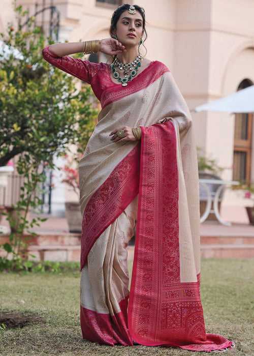 Pearl White Designer Satin Silk Saree