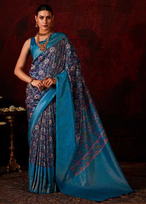 Shades Of Blue Patola Printed Silk Saree with Contrast Blouse