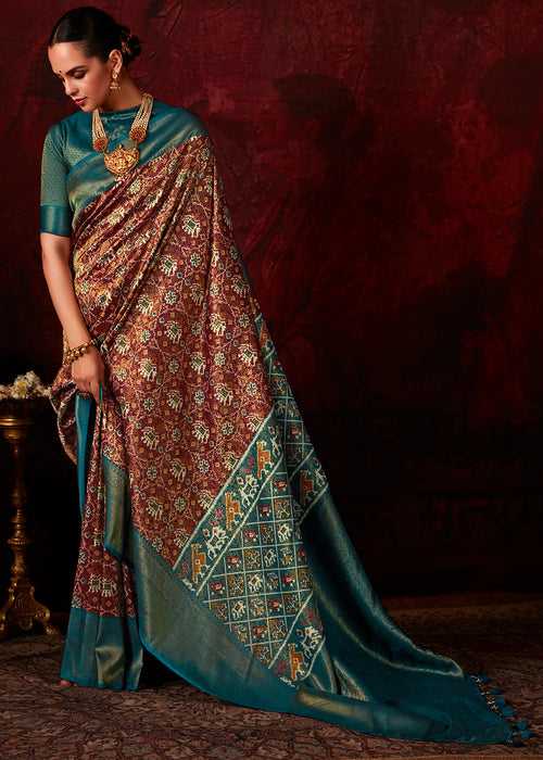 Blue & Brown Patola Printed Silk Saree with Contrast Blouse
