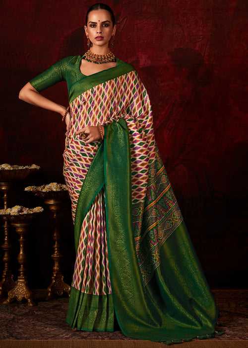 Green & White Patola Printed Silk Saree with Contrast Blouse