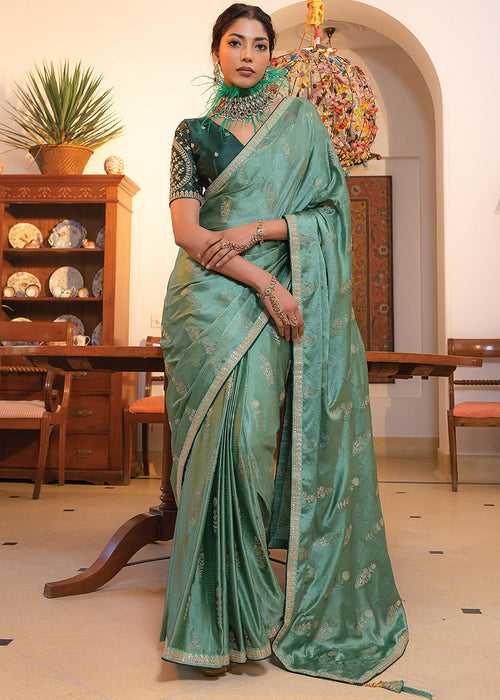 Blueish Green Embroidered Viscose Satin Saree