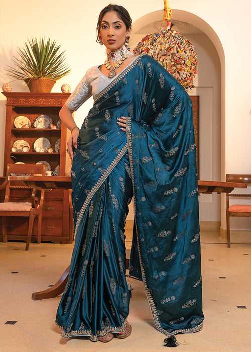 Seafoam Green Embroidered Viscose Satin Saree