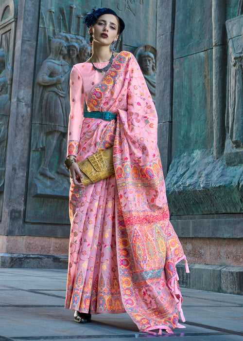 Blush Pink Jamawar Woven Organza Silk Saree
