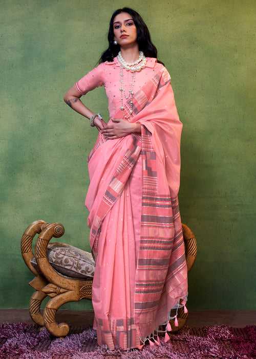 Carmine Pink Handwoven Cotton Silk Saree with Brocade Blouse