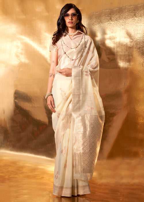 Parchment White Hand Woven Linen Cotton Saree with Brocade Blouse