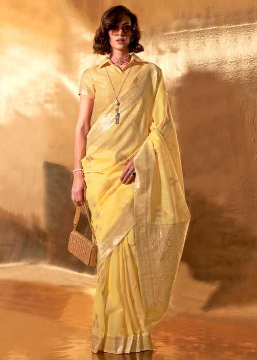 Daffodil Yellow Hand Woven Linen Cotton Saree with Brocade Blouse