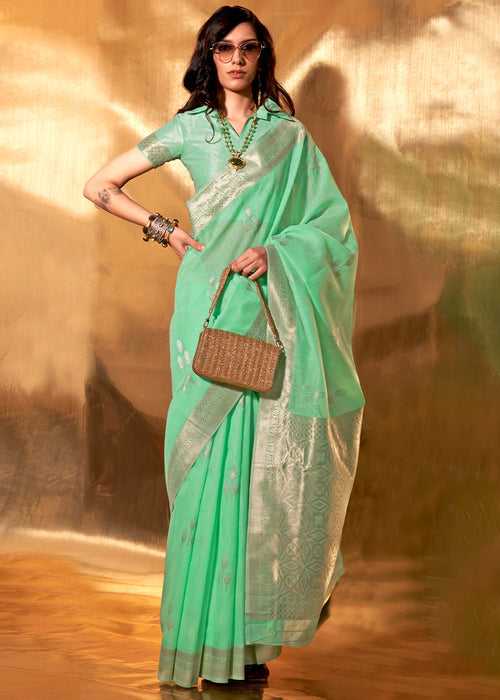 Fern Green Hand Woven Linen Cotton Saree with Brocade Blouse