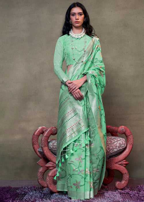Emerald Green Jamdani Handwoven Cotton Saree with Brocade Blouse
