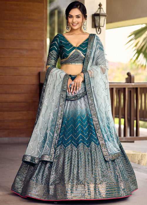 Shades Of Blue Soft Net Lehenga Choli with Sequins & Thread Embroidery work