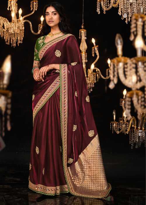 Maroon Red Satin Silk Saree Embellished with Stone,Sequin,Embroidery & Zarkan work