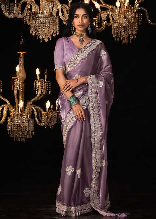 Orchid Purple Satin Silk Saree Embellished with Stone,Sequin,Embroidery & Zarkan work