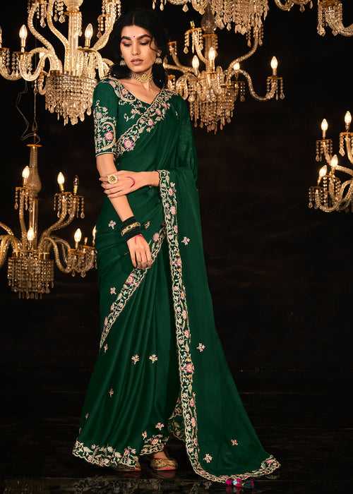 Sacramento Green Satin Silk Saree Embellished with Stone,Sequin,Embroidery & Zarkan work