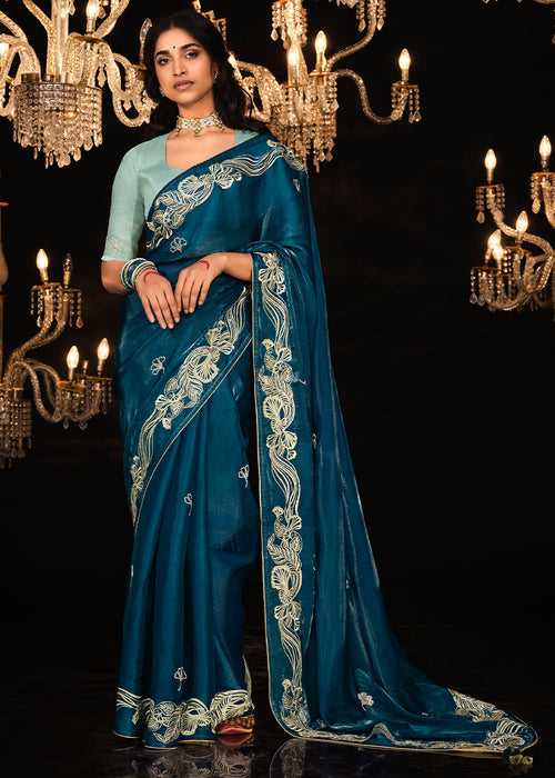 Prussian Blue Satin Silk Saree Embellished with Stone,Sequin,Embroidery & Zarkan work