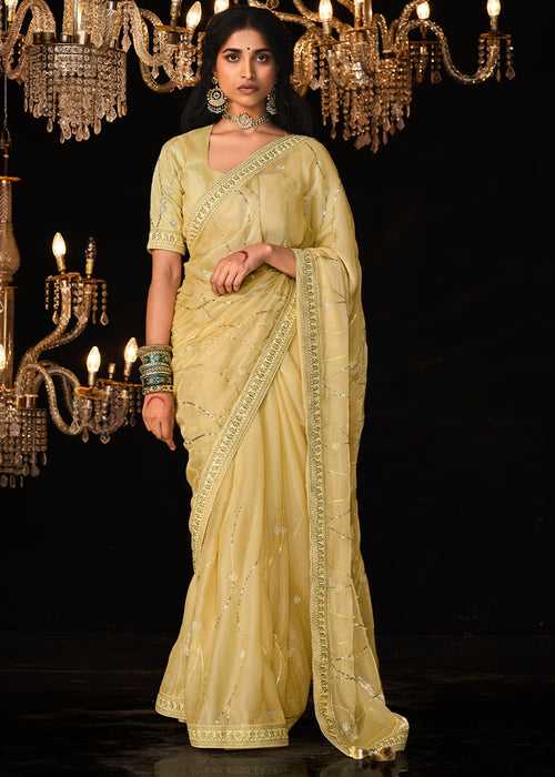 Light Corn Yellow Satin Silk Saree Embellished with Stone,Sequin,Embroidery & Zarkan work