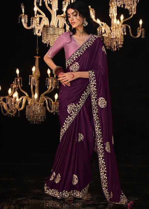 Tyrian Purple Satin Silk Saree Embellished with Stone,Sequin,Embroidery & Zarkan work