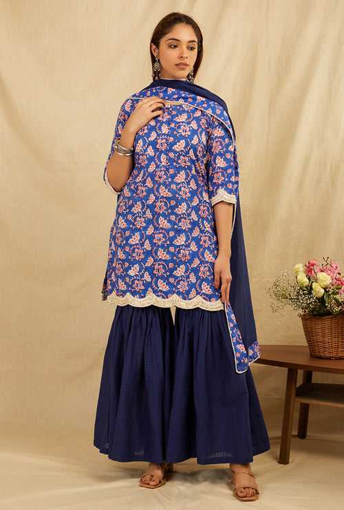 Blue cotton kurta sharara set with dupatta (Set of 3)