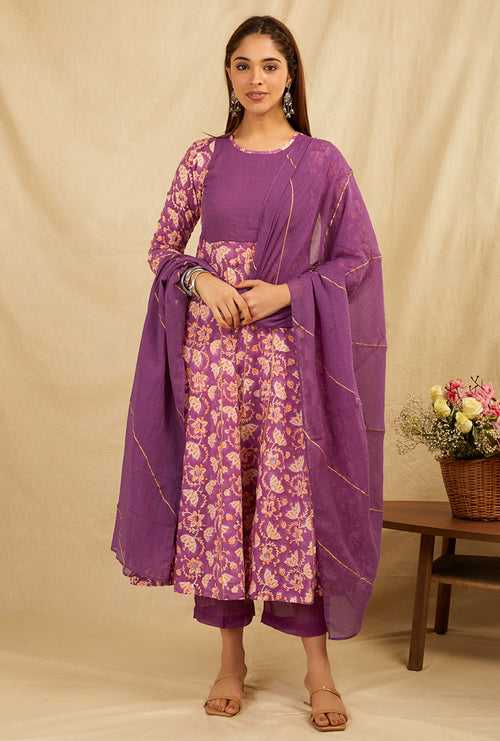 Purple cotton kurta and pant set with dupatta (Set of 3)