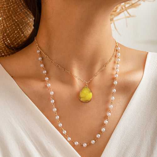 Long Pearl Natural Stone Pendant Necklace