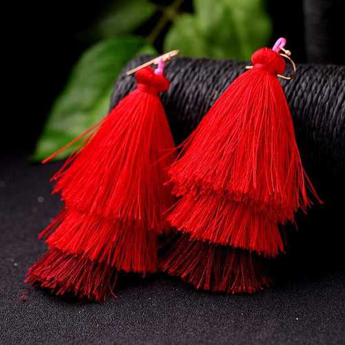 Red Long Silk Tassel Drop Earrings