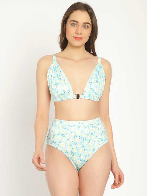 Blue Floral Front Buckled Printed Swim Bikini Set