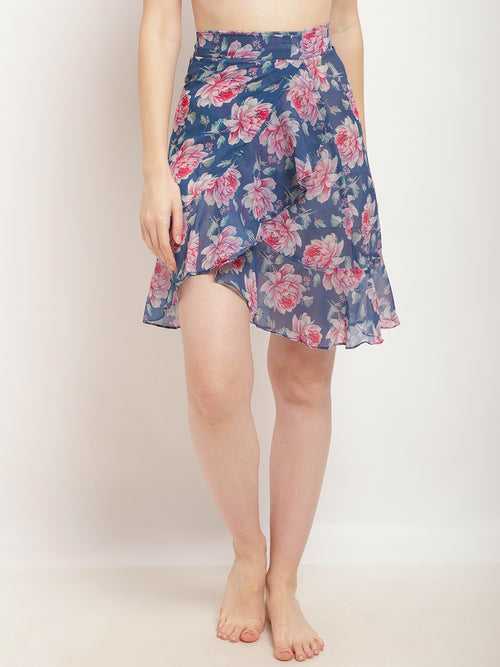 Navy Blue & Pink Floral Printed Cover-Up Skirt