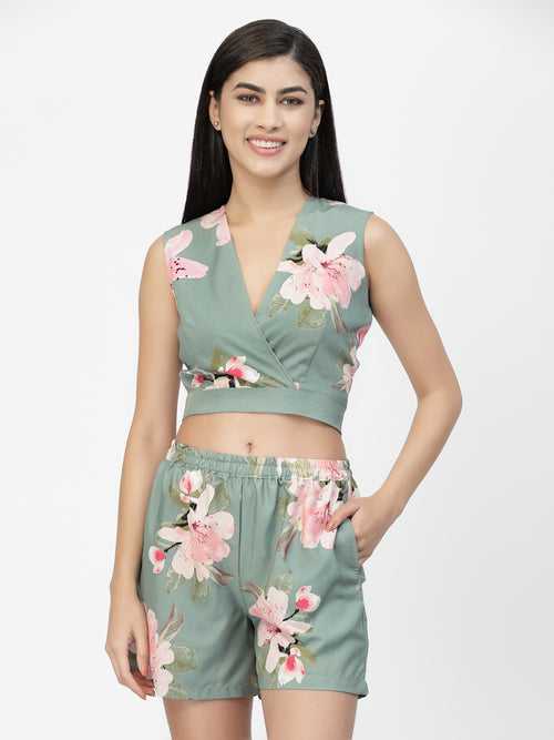 Green Floral Printed Beachwear Set