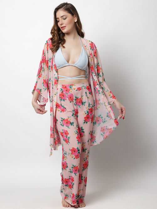 Pink Floral Printed Robe & Palazzo Co-ord Set