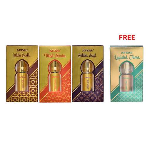 NON ALCOHOLIC GOLDEN DUST, WHITE OUDH, MUSK DHIRAM FREE LAYLATUL JUMA ATTAR