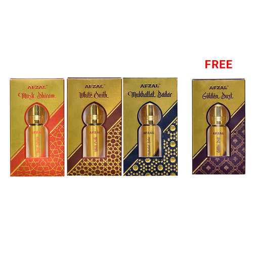 NON ALCOHOLIC MUKHALLAT BADAR, WHITE OUDH, MUSK DHIRAM FREE GOLDEN DUST ATTAR