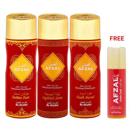 AFZAL Standard Non Alcoholic Golden Dust, Oudh Aswad & Laylatul Jumat Deodorant + 50ML GULABE OUDH (Pack Of 3)