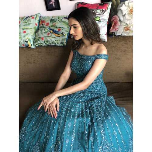 Aneri Vajani - Teal Blue Off Shoulder Gown