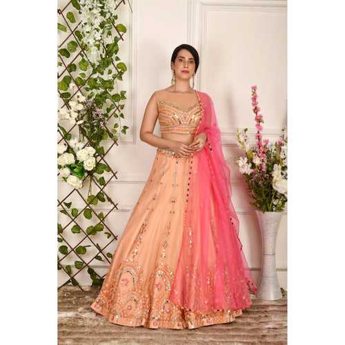 Peach And Pink Abstract Lehenga Set