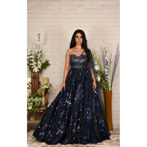 Navy Blue Sequinned One-Shoulder Drape Gown