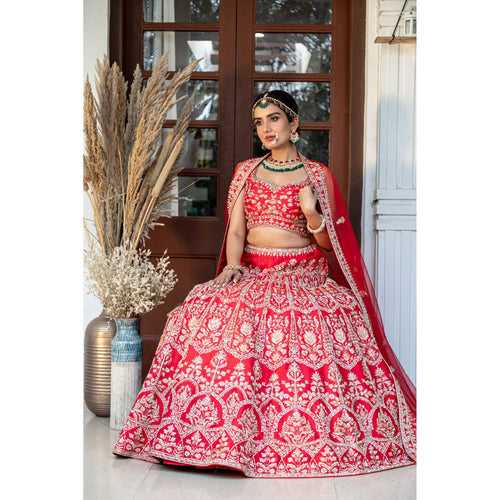 Venetian Red Floral Arch Lehenga Set