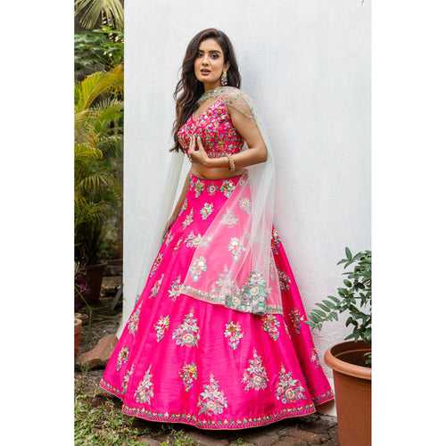 Fuchsia And Pastel Mirror Lehenga Set