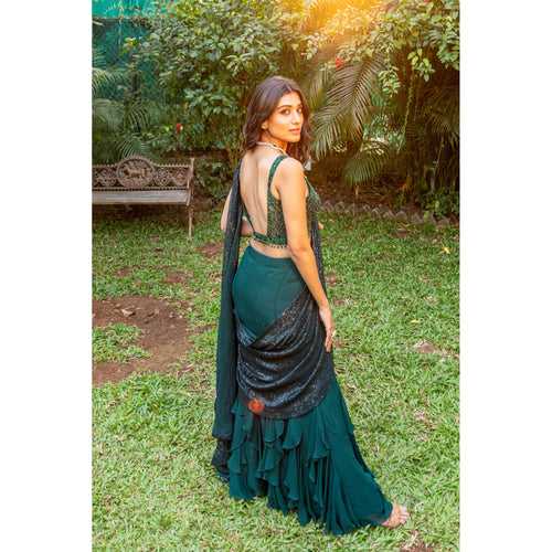 Emerald Green Flounce Ruffle Skirt Saree