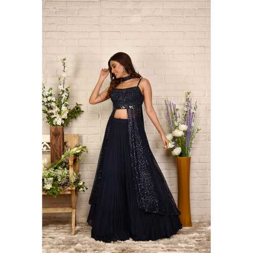 Navy Blue Sequinned Kurta Lehenga Set