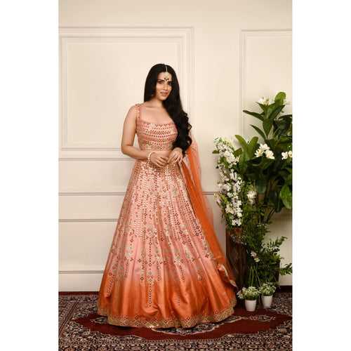 Peach Orange Ombre Mirrorwork Lehenga Set