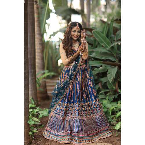 Mansi - Teal Indigo Mirrorwork Lehenga