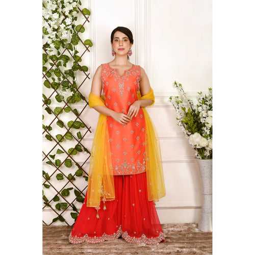 Vermillion And Yellow Zardozi Sharara Set