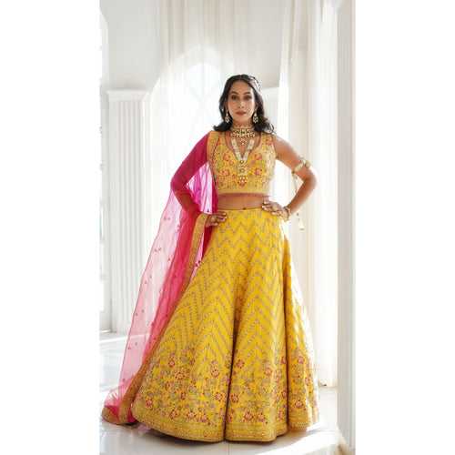 Minal - Aureolin Yellow Chevron Lehenga Set