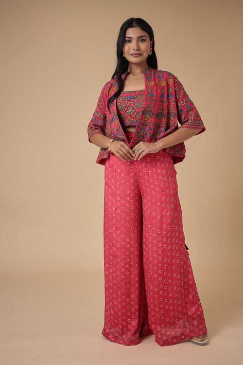 Printed Chinon Indowestern with Embroidered work