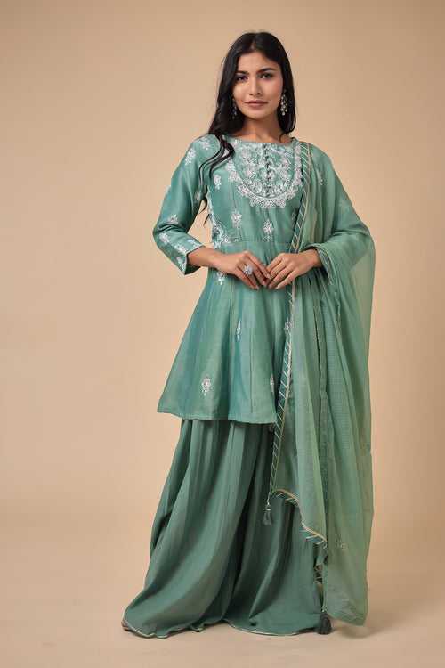 Chanderi Silk Peplum Suit with Embroidered work