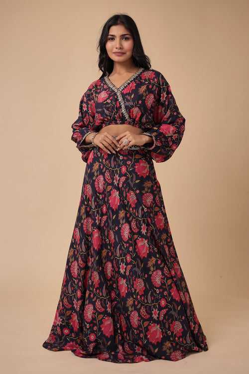 Printed Silk Blend Indowestern with Embroidered work