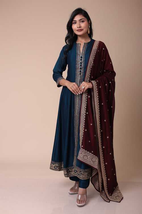 Anarkali Silk Suit with Embroidered Dupatta