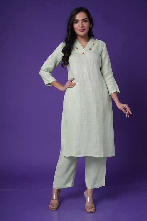 Shimmer Linen Kurta Set with Embroidered work